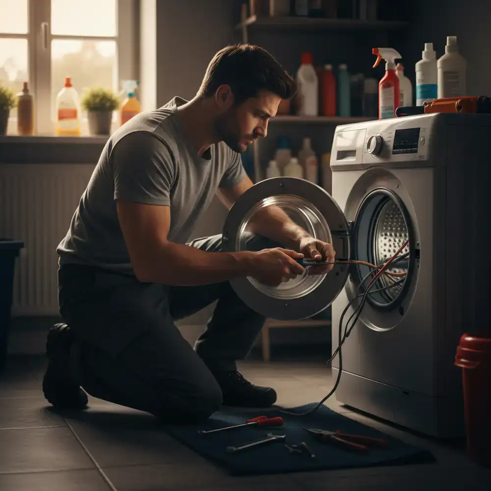 Monteur repareert wasmachine